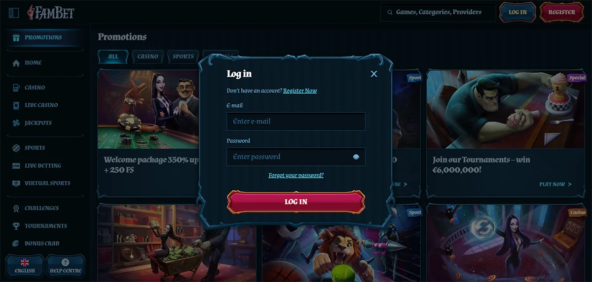 FamBet casino login popup with email and password fields, a red “Log in” button, password recovery link, and registration prompt displayed over a dark-themed promotions page with casino and sports game banners.