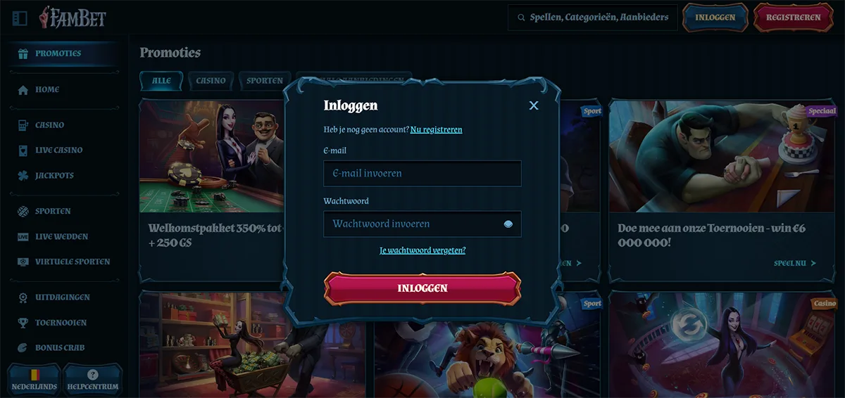 Dutch-language FamBet casino login popup with email and password fields, a red “Inloggen” button, password recovery link, and registration prompt displayed over a dark-themed promotions page with casino and sports game banners.